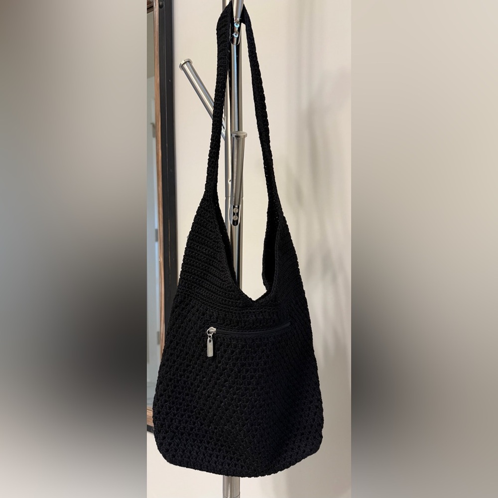 The Sak Black Crochet Shoulder Bag with Front Zip
